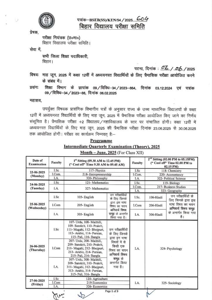 Bihar Board 12th June Exam 2025 रूटीन कैसे देखें